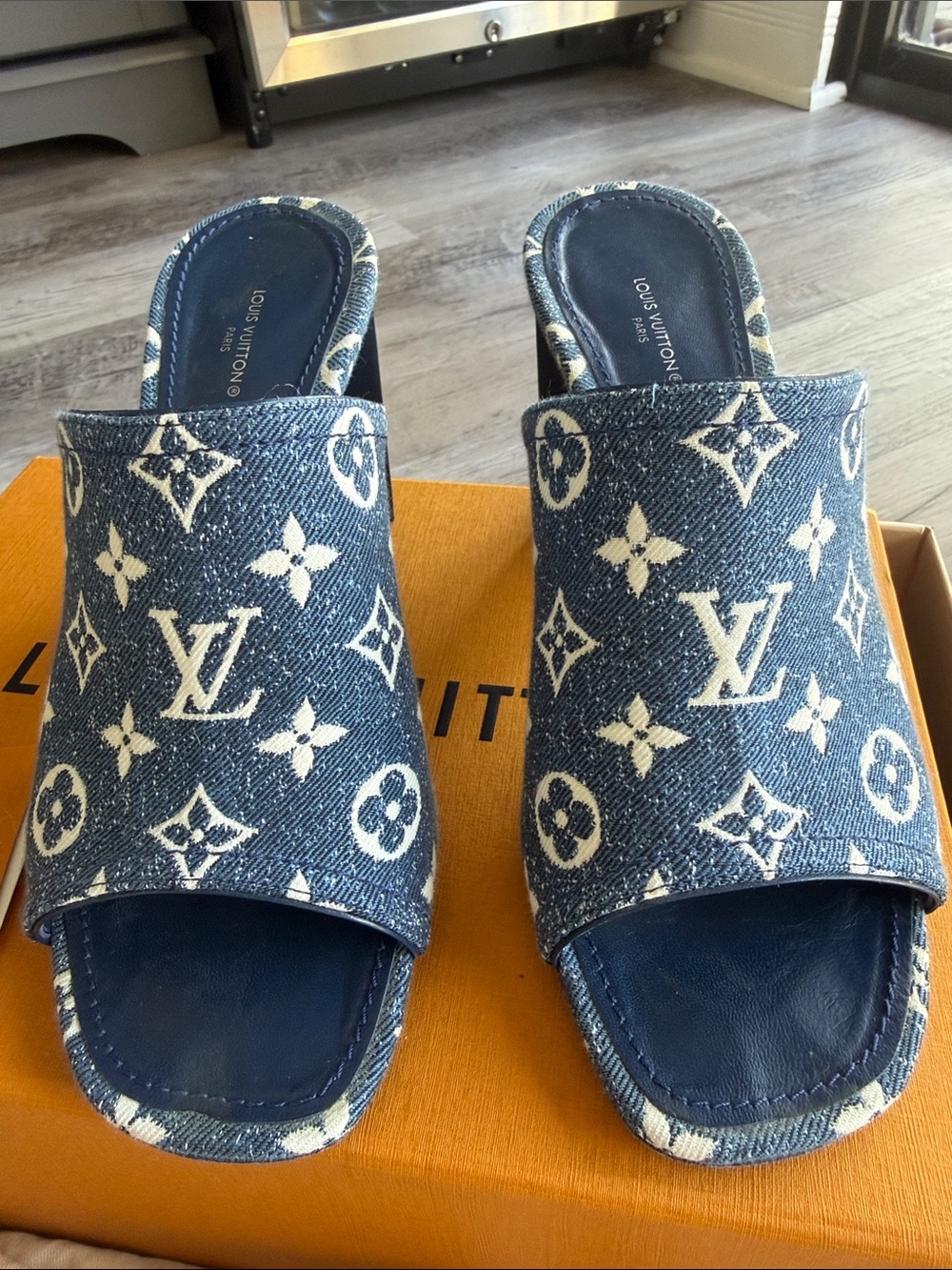 Louis Vuitton Denim Monogram Peep-Toe Mule Sandals in Blue - Picture 3 of 4
